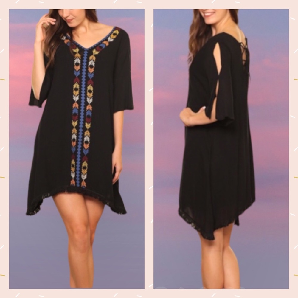 Beautiful Embroidered V-neck Fringe Dress, ♦️Fully LINED, NEW✔️